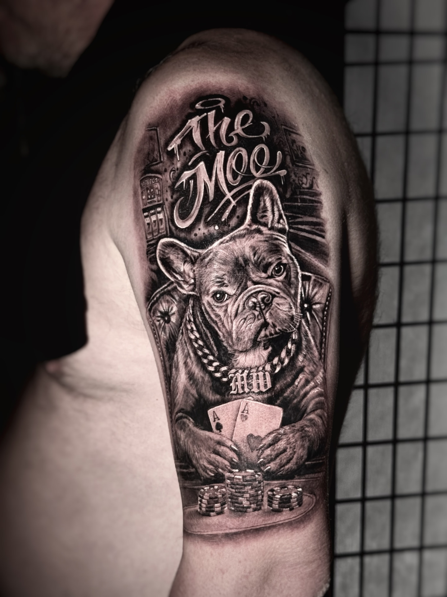 French bulldog portrait holding aces at a poker table, black and grey