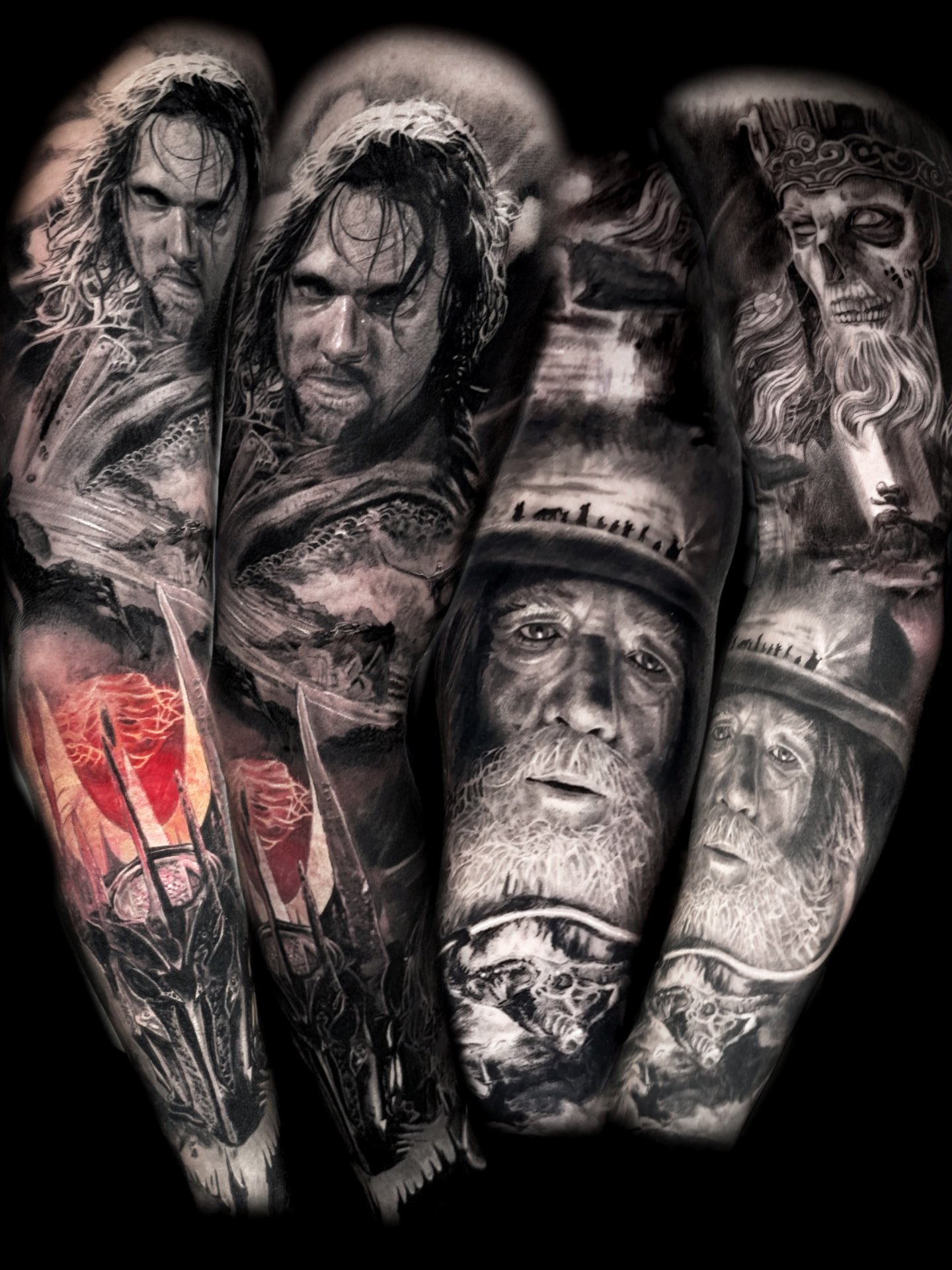 Two matching fantasy portrait sleeves in black and grey with a red accent