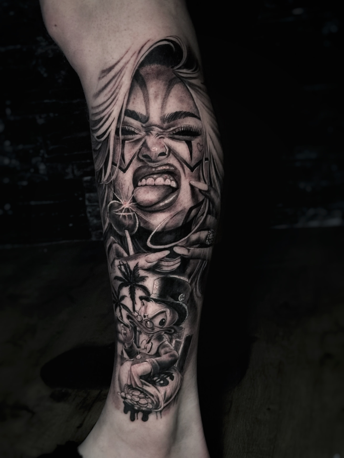 Black and grey clown girl and cartoon leg piece