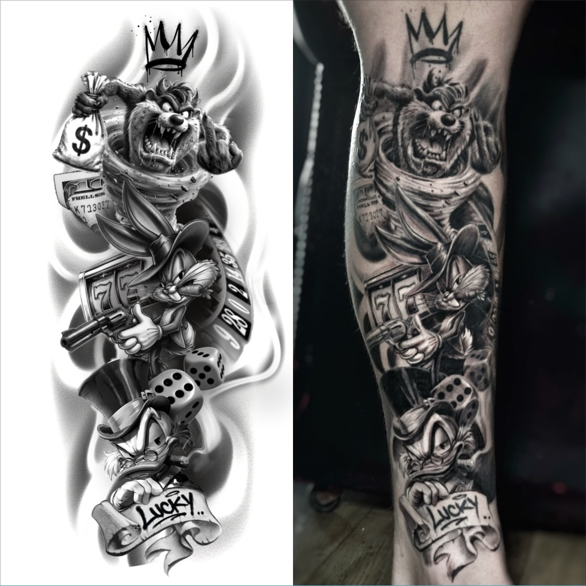 Digital tattoo design beside the finished leg sleeve
